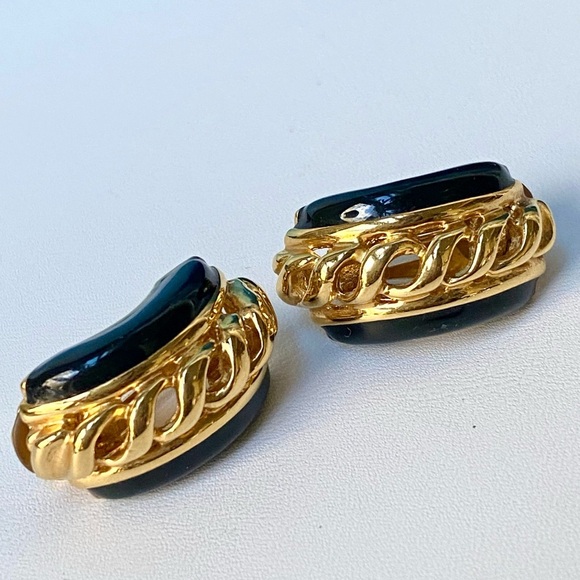 St. John Jewelry - Vintage St. John 24K Gold Plated Black Enamel Chain Link Clip Earrings